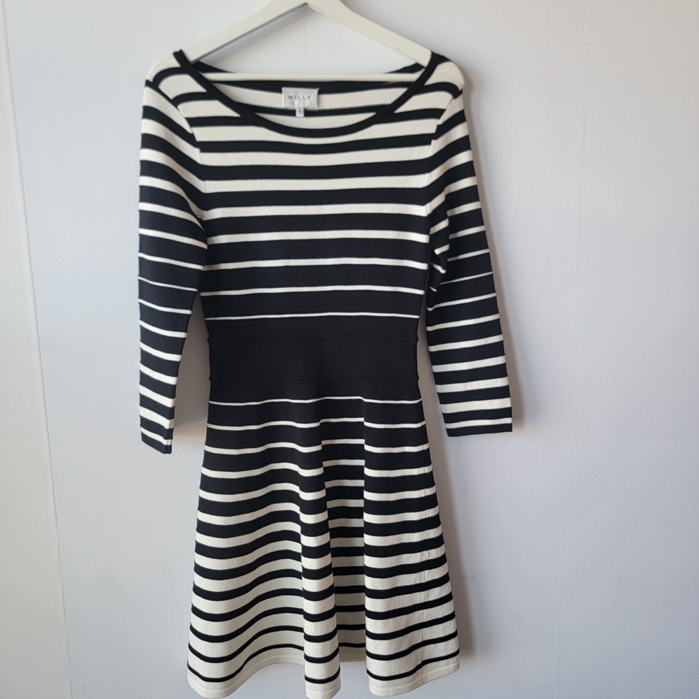 Milly women's Degrade Stripe Flare Sweater Dress size S 3/4 sleeve scoop Neck